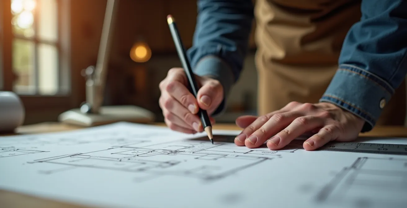 Mains d'architecte travaillant sur des plans de cuisine avec règle et crayon