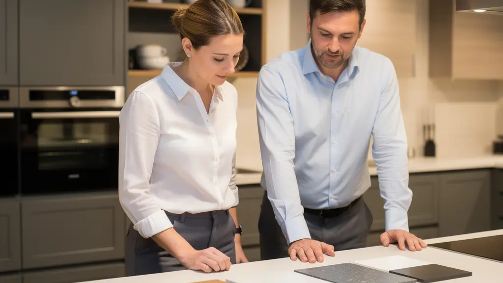 Conseiller cuisine et cliente regardant des échantillons de matériaux en showroom