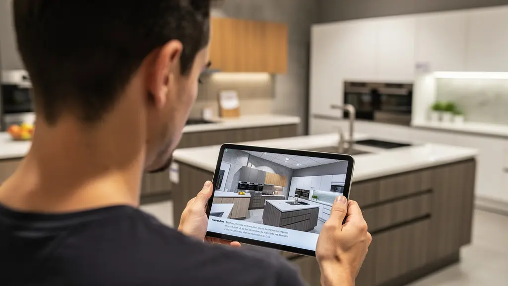 Personne consultant un plan de cuisine 3D sur tablette en showroom