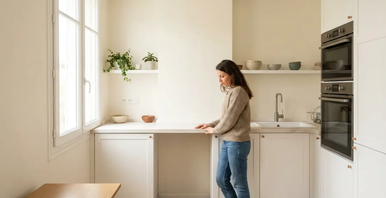 Cuisine moderne compacte avec espace prévu pour lave-linge sous plan de travail