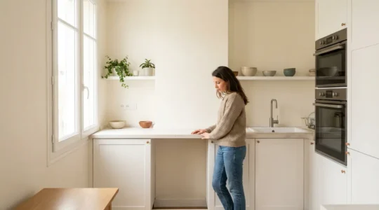 Cuisine moderne compacte avec espace prévu pour lave-linge sous plan de travail