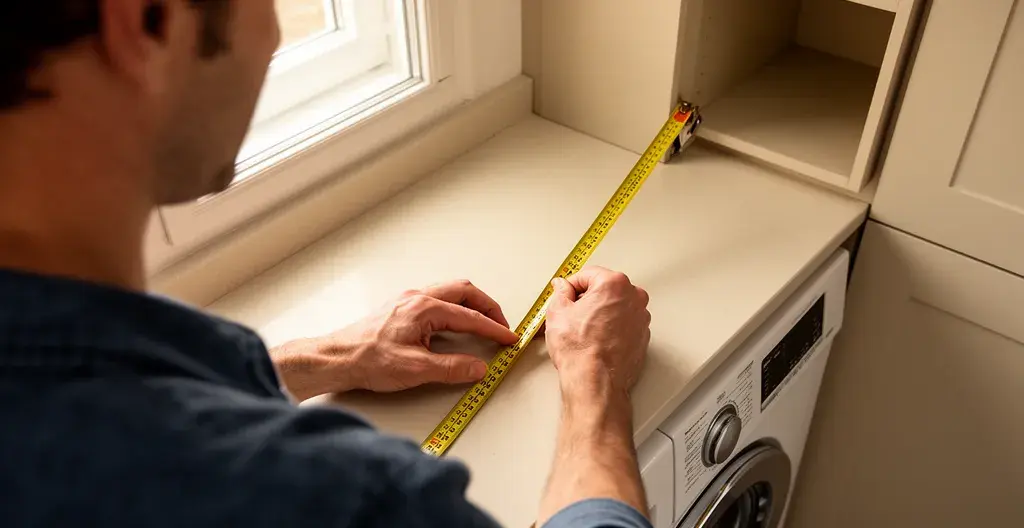 Personne mesurant l'espace sous plan de travail pour installation lave-linge cuisine