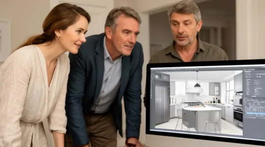 Conseillère en aménagement présentant un projet cuisine 3D à un couple dans un showroom cuisiniste