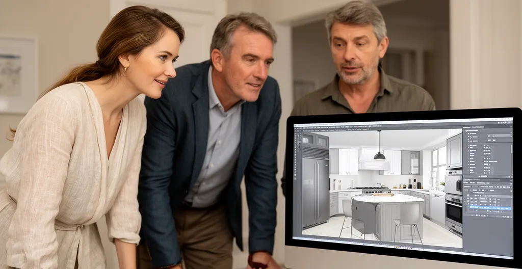 Conseillère en aménagement présentant un projet cuisine 3D à un couple dans un showroom cuisiniste