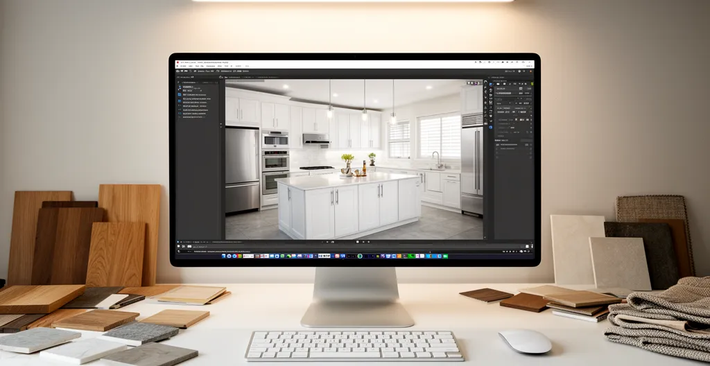 Écran d'ordinateur affichant un rendu 3D réaliste de cuisine moderne avec îlot central