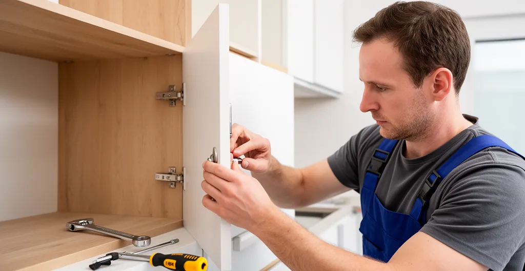Artisan ajustant une porte de meuble dans une cuisine en cours d'installation