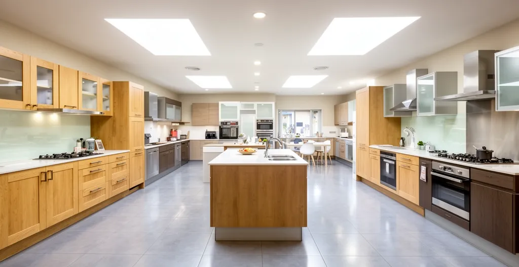 Showroom cuisiniste avec plusieurs modèles de cuisines équipées exposés