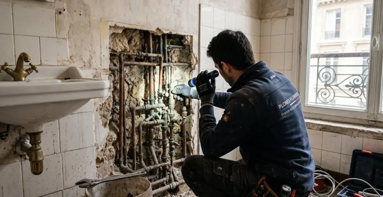 Artisan plombier vu de dos examinant une vieille tuyauterie en cuivre apparente dans une salle de bain parisienne, avec lampe torche