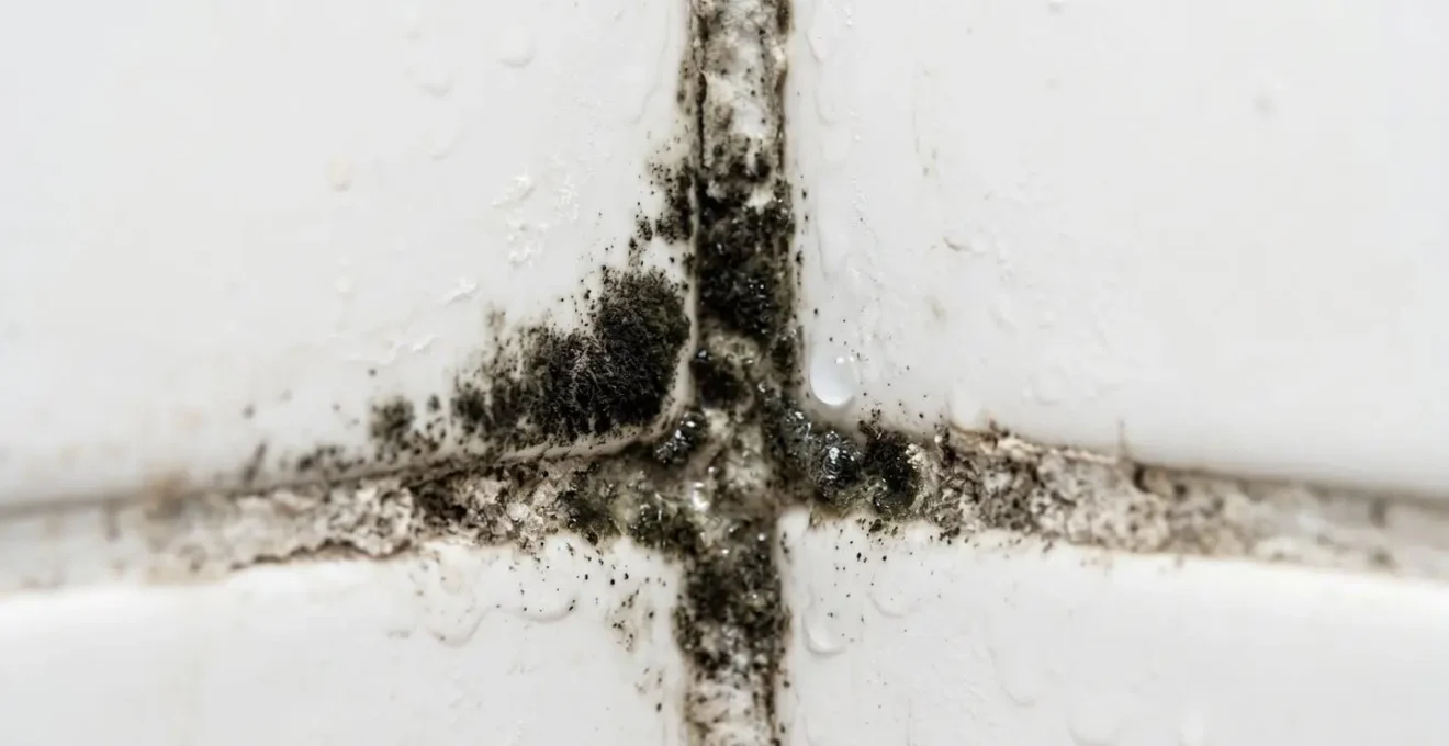 Gros plan macro sur des moisissures noires visibles dans l'angle entre le mur et le carrelage d'une salle de bain, avec joints dégradés