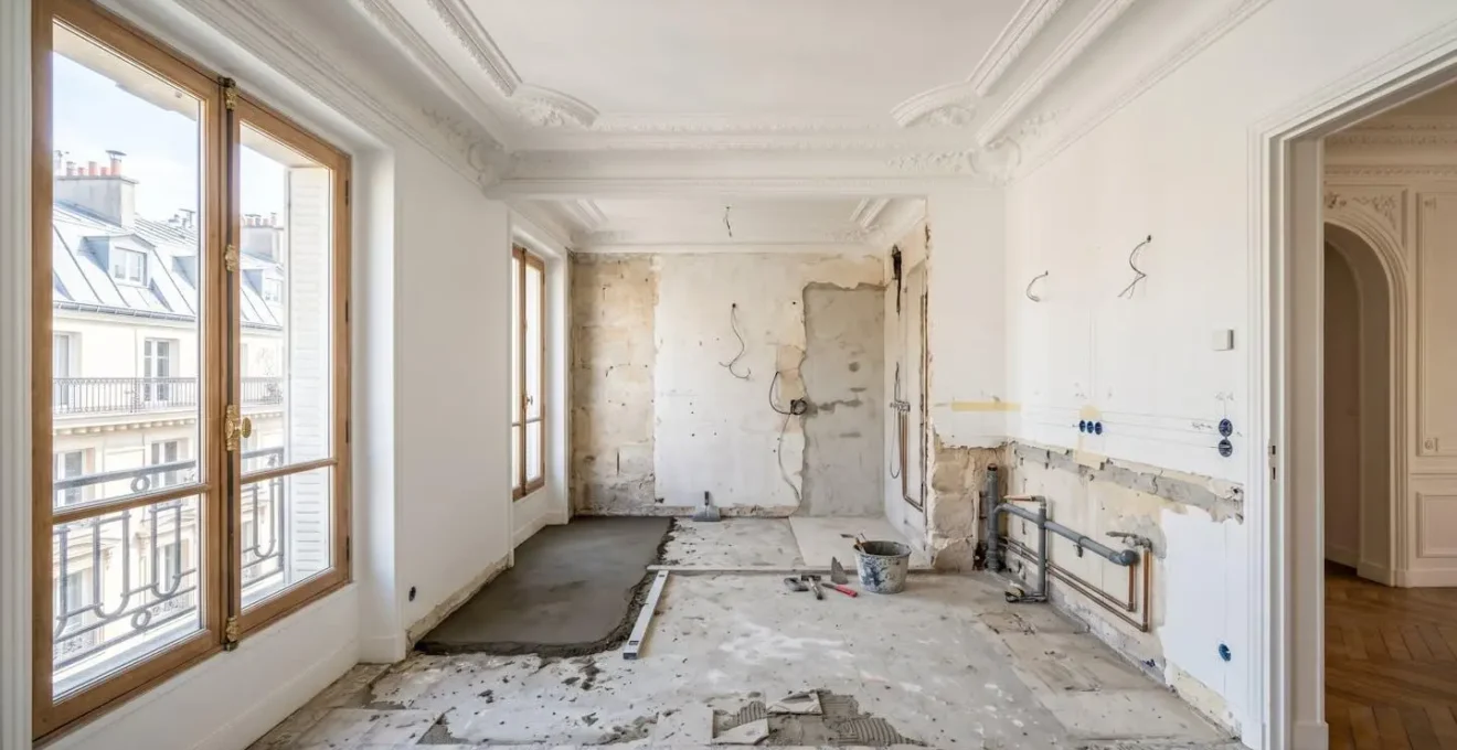 Salle de bain vide en cours de rénovation dans un appartement haussmannien parisien, avec hauts plafonds moulurés et grande fenêtre
