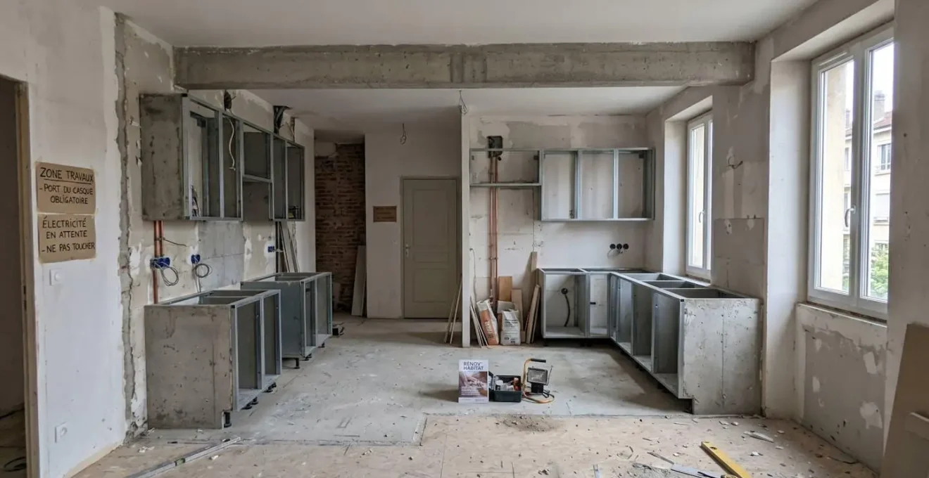 Cuisine en L vide en cours de rénovation avec poutre apparente au plafond et fenêtre étroite, mettant en évidence les contraintes spatiales à optimiser