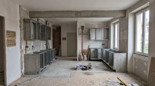 Cuisine en L vide en cours de rénovation avec poutre apparente au plafond et fenêtre étroite, mettant en évidence les contraintes spatiales à optimiser