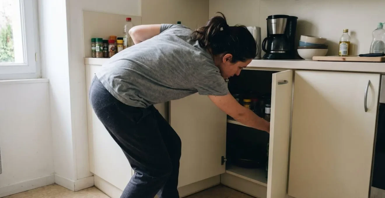 Personne de dos tentant d'accéder au fond d'un meuble d'angle de cuisine, illustrant la difficulté ergonomique des rangements mal optimisés