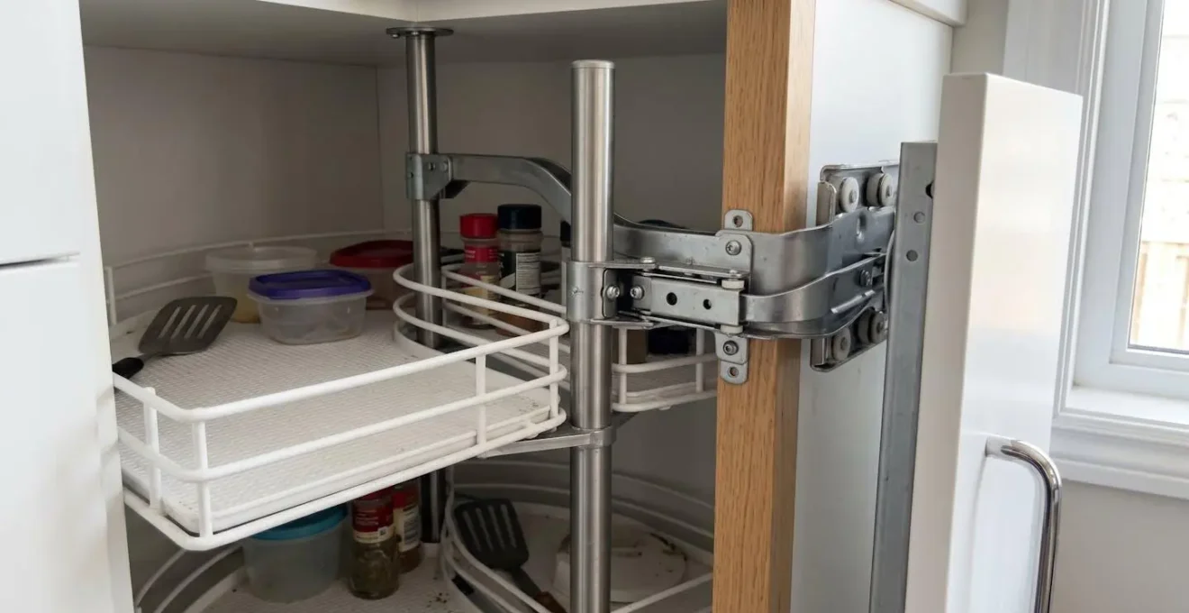 Gros plan sur le mécanisme de tourniquet ouvert d'un meuble d'angle de cuisine moderne, montrant le système rotatif optimisant l'accès au rangement