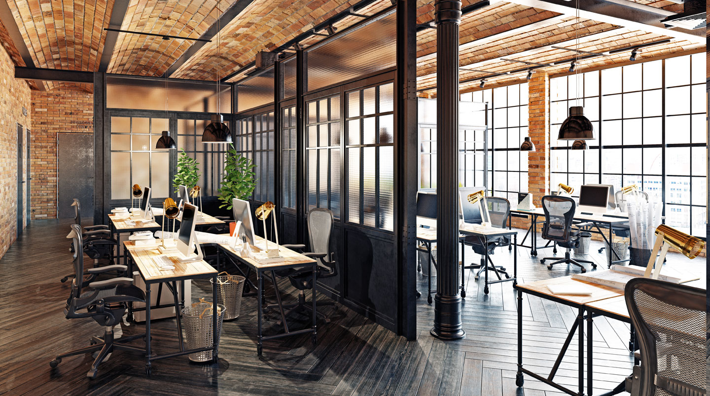 Illustration isométrique de 4 espaces d'entreprise (accueil, travail, réfectoire, réunion) partageant la même palette de couleurs bois naturel, blanc et bleu pour symboliser la cohérence visuelle globale