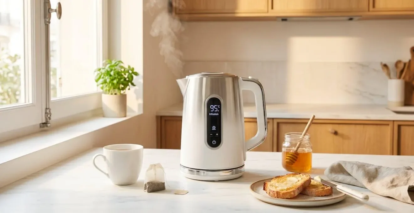 Bouilloire électrique programmable moderne avec écran digital sur plan de travail cuisine contemporaine, entourée d'éléments de petit-déjeuner français, lumière matinale naturelle