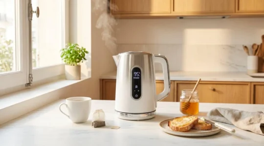 Bouilloire électrique programmable moderne avec écran digital sur plan de travail cuisine contemporaine, entourée d'éléments de petit-déjeuner français, lumière matinale naturelle