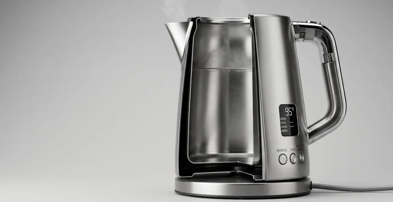 Coupe transversale partielle d'une bouilloire programmable révélant la structure d'isolation thermique double paroi en acier inoxydable avec espace d'air isolant