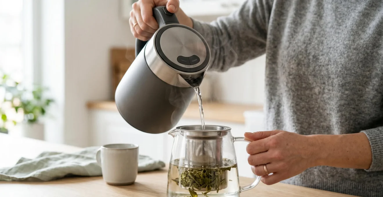 Mains versant eau chaude d'une bouilloire programmable vers théière transparente avec feuilles de thé vert visibles, vapeur montant délicatement