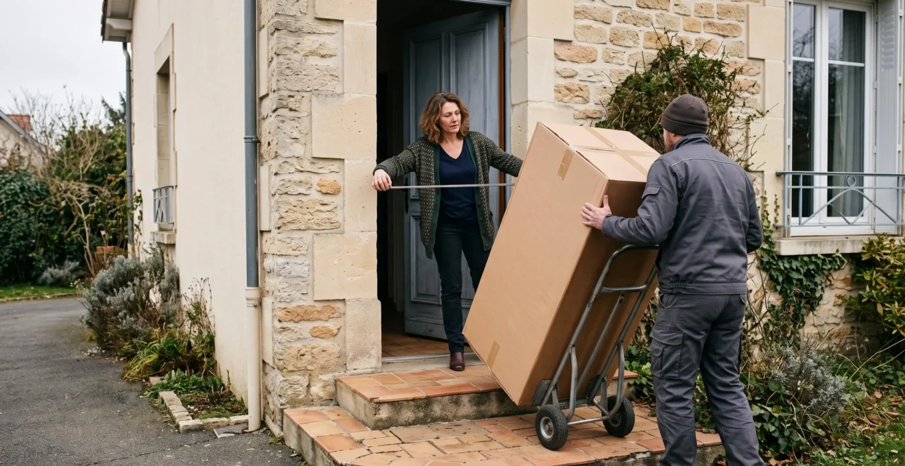 Deux personnes mesurent la largeur d'un carton d'appareil électroménager livré devant la porte d'entrée d'une maison.