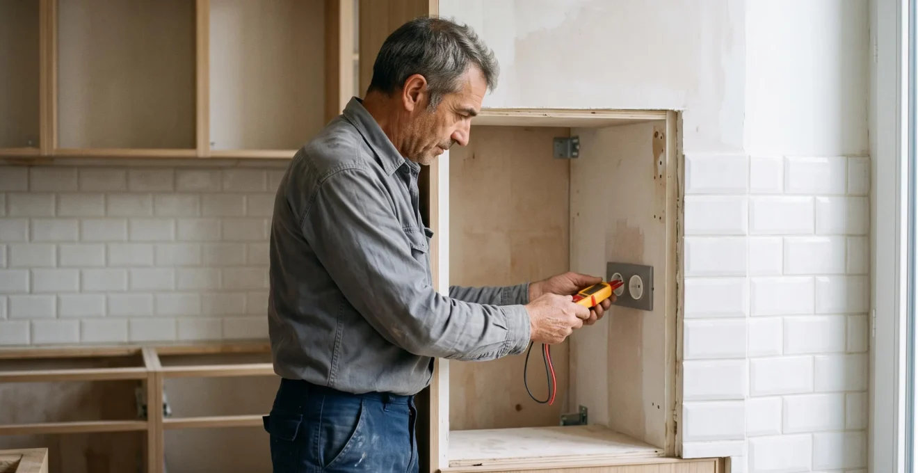 Un électricien vérifie la position d'une prise électrique dans une niche de cuisine destinée à un appareil encastrable.