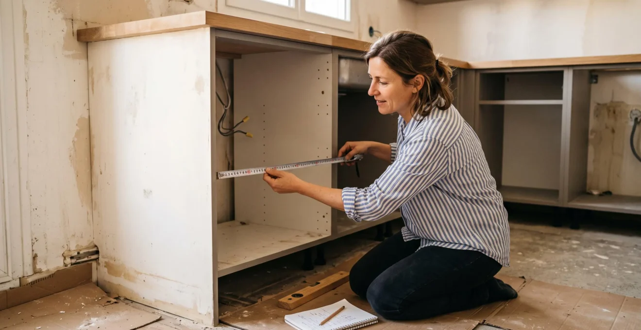 Une femme agenouillée mesure la largeur d'une niche d'électroménager dans une cuisine en cours de rénovation.