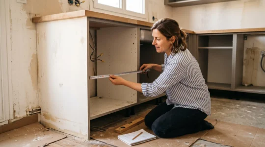 Une femme agenouillée mesure la largeur d'une niche d'électroménager dans une cuisine en cours de rénovation.