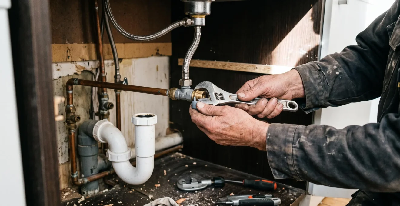 Gros plan sur les mains d'un plombier serrant un raccord d'eau sous un évier de cuisine en rénovation.